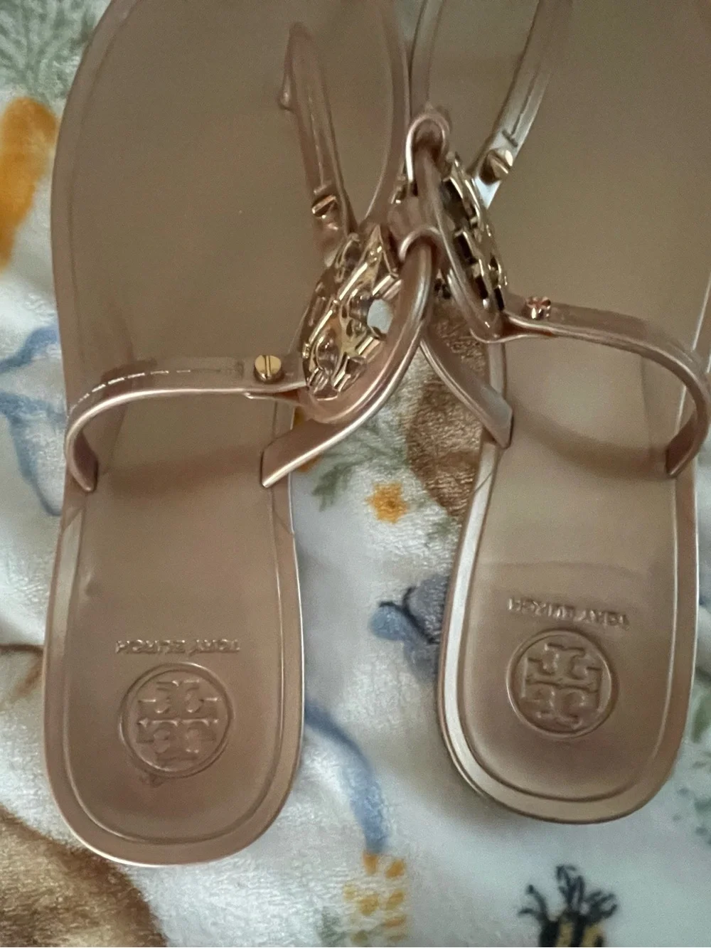 Tory Burch Metallic Rose Gold Logo Thong Sandals